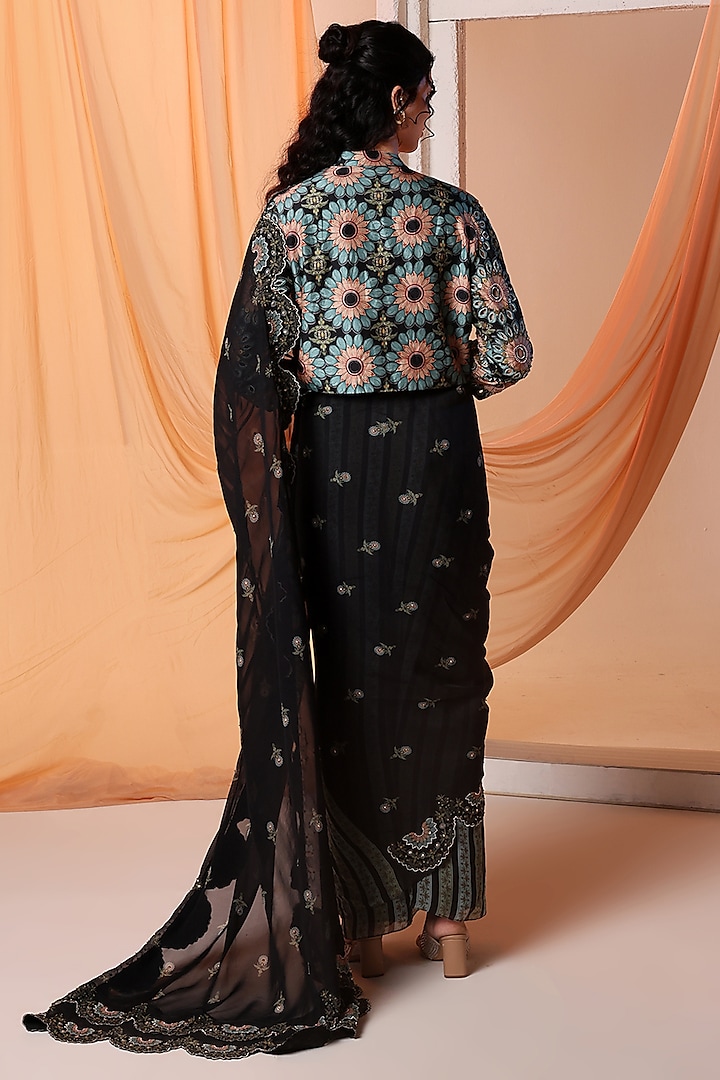 Black Organza Cutwork Embroidered Pre-Stitched Party Wear Saree Set by Soup by Sougat Paul at Pernia's Pop Up Shop