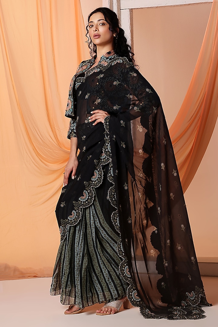 Black Organza Cutwork Embroidered Pre-Stitched Party Wear Saree Set by Soup by Sougat Paul at Pernia's Pop Up Shop