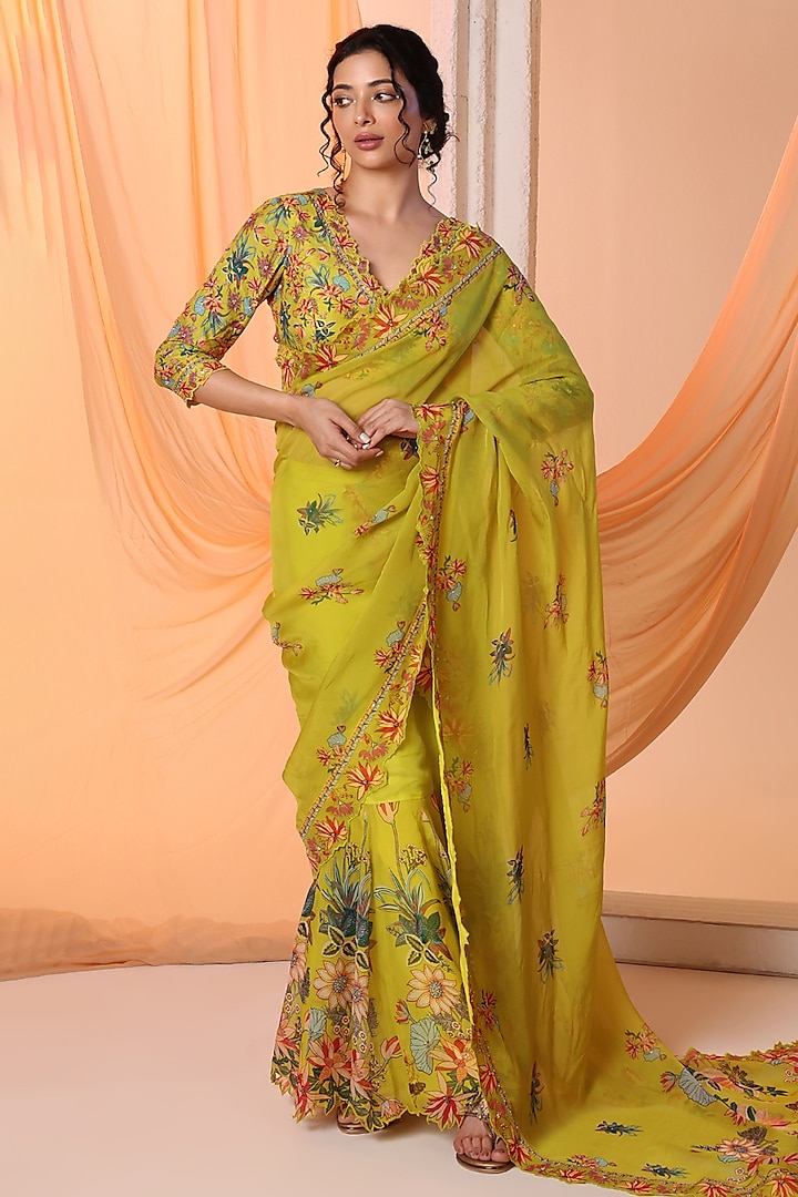 Yellow Organza Cutwork Embroidered Pre-Stitched Saree Set by Soup by Sougat Paul