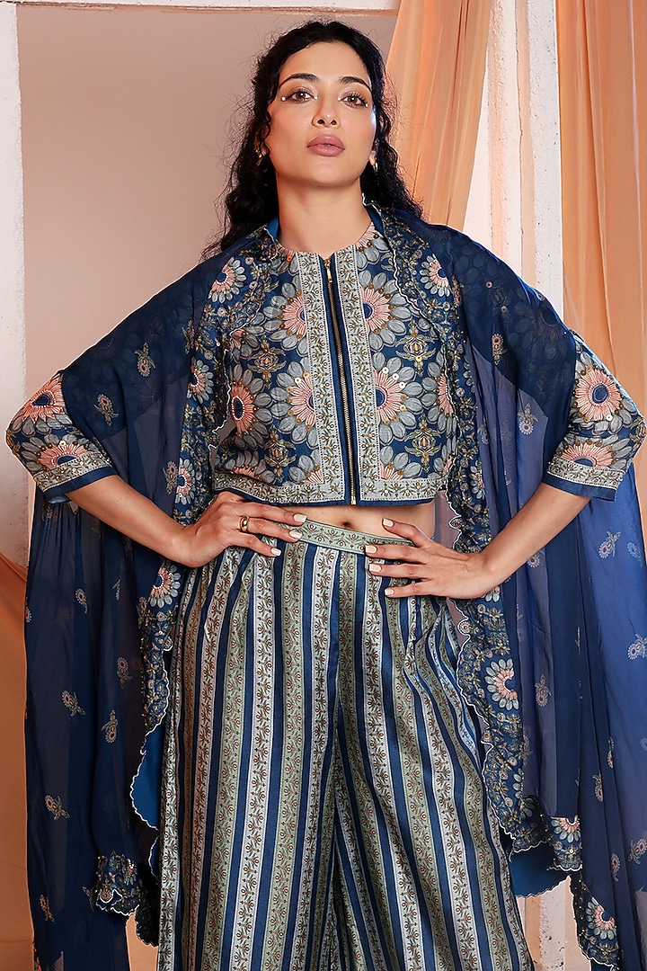 Navy Blue Organza Embroidered Cape Set by Soup by Sougat Paul at Pernia's Pop Up Shop
