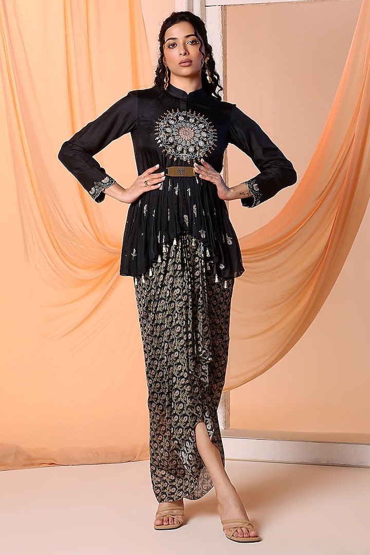 Black Malaysian Silk Embellished Cape Set by Soup by Sougat Paul