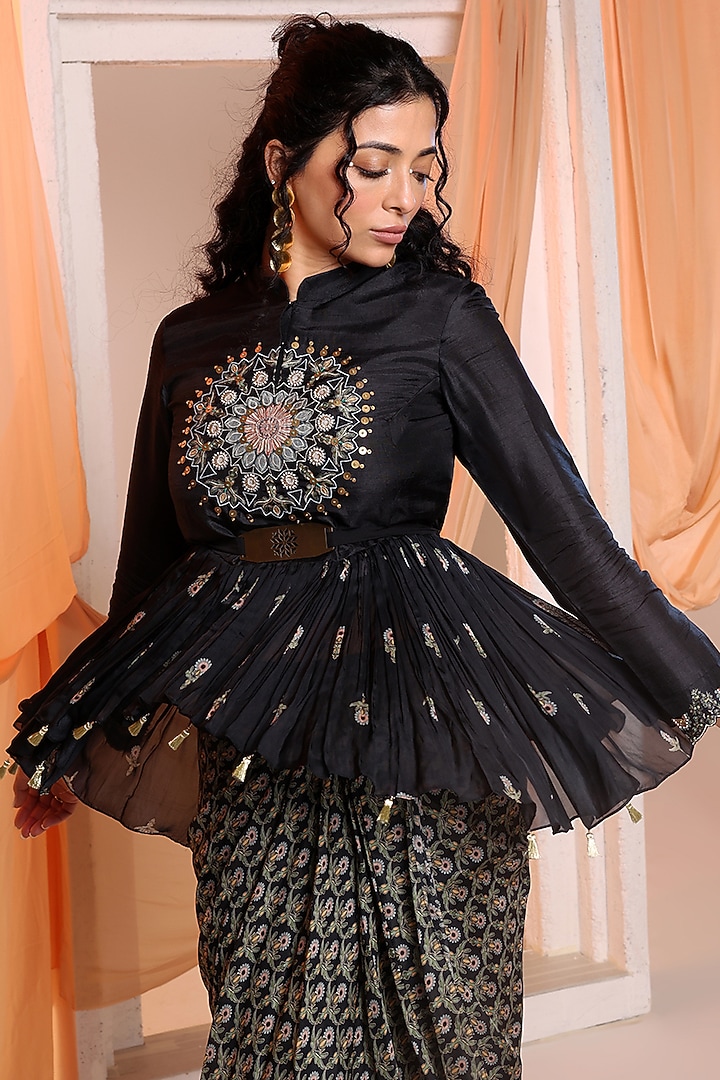 Black Malaysian Silk Embellished Cape Set by Soup by Sougat Paul at Pernia's Pop Up Shop