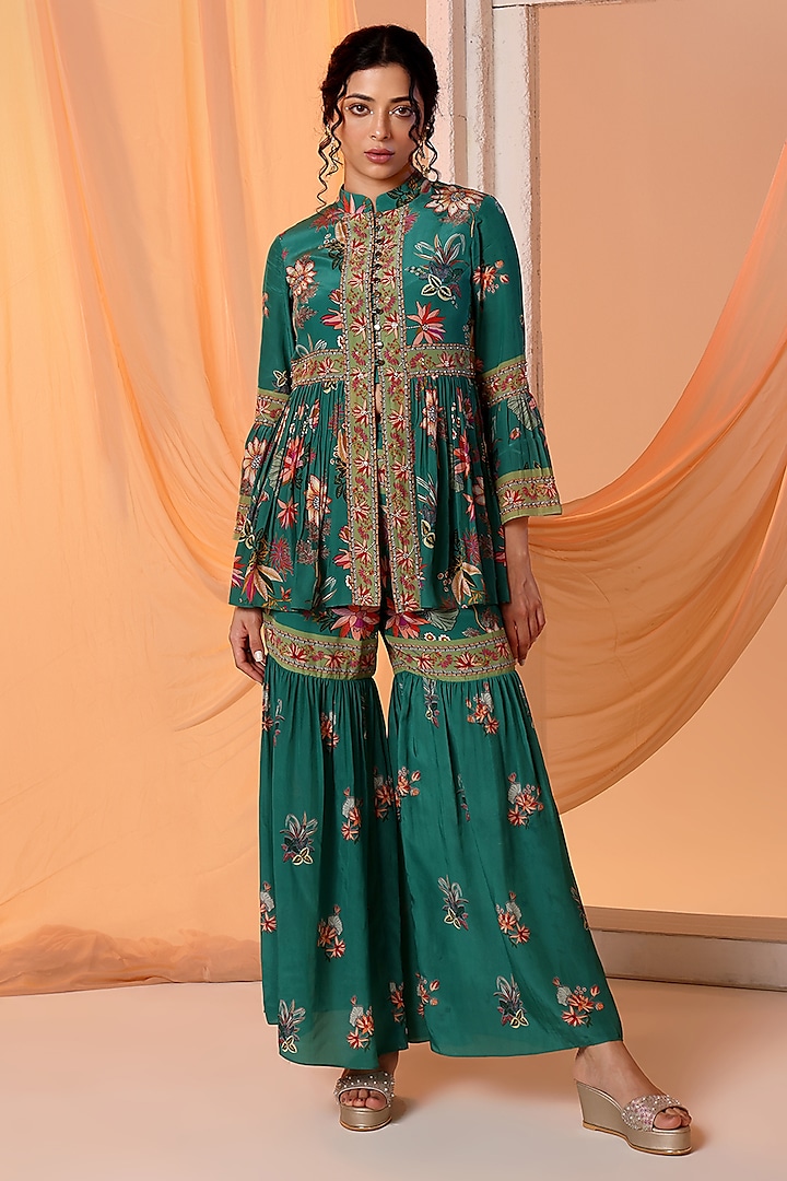 Green Crepe Embroidered Sharara Set by Soup by Sougat Paul at Pernia's Pop Up Shop