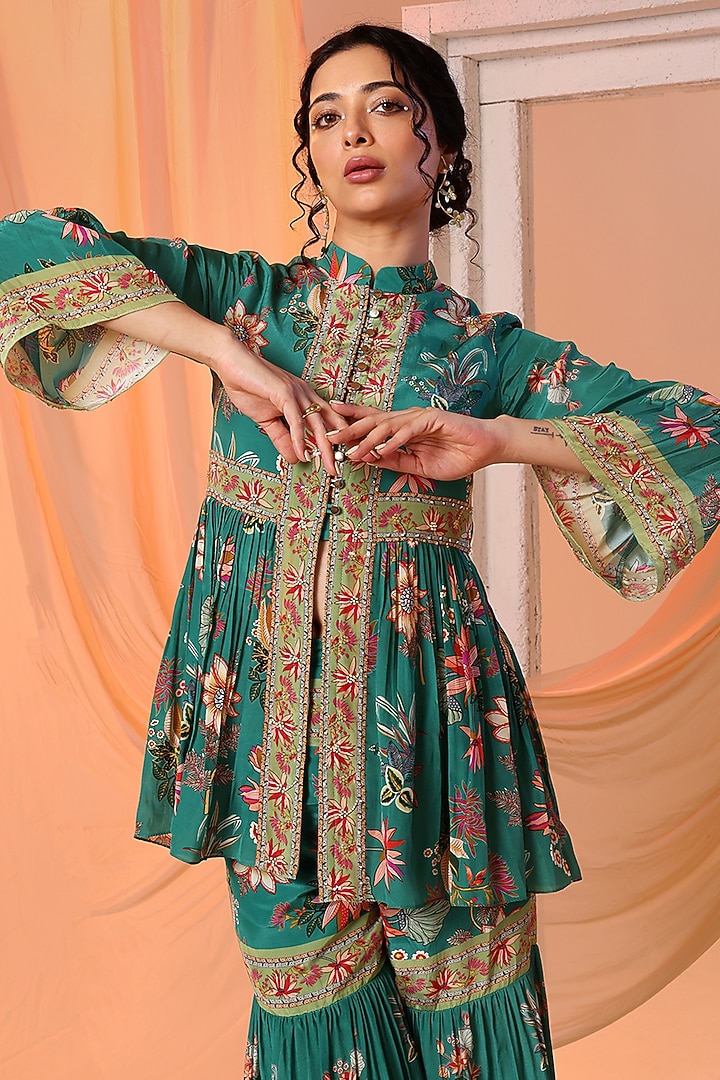 Green Crepe Embroidered Party Wear Sharara Set by Soup by Sougat Paul at Pernia's Pop Up Shop
