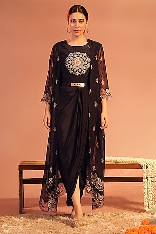 Black Crepe Printed Draped Jacket Dress by Soup by Sougat Paul