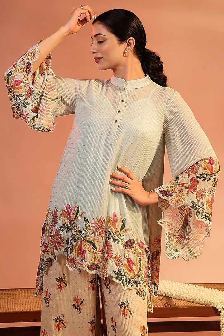Blue Sequins Georgette Printed Co-Ord Set by Soup by Sougat Paul at Pernia's Pop Up Shop