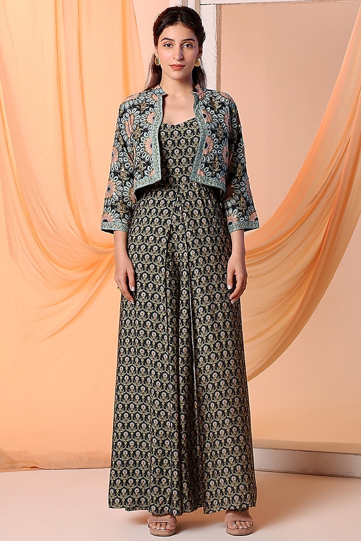 Green Muslin Slub Printed Jumpsuit With Jacket by Soup by Sougat Paul at Pernia's Pop Up Shop