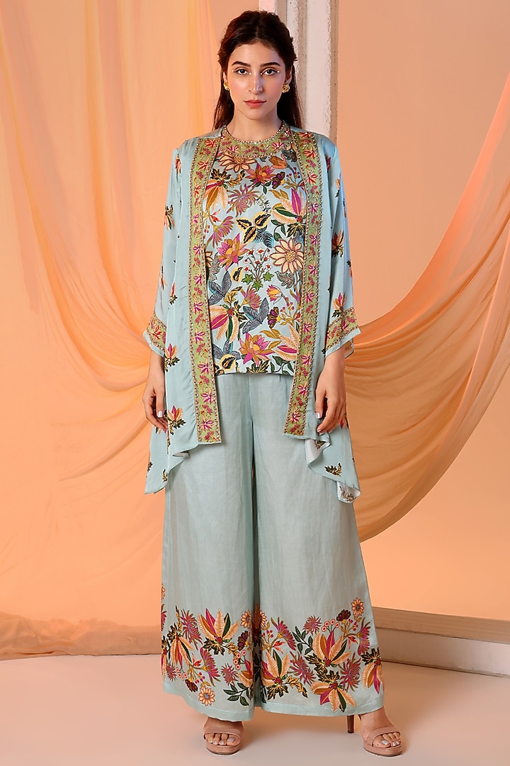 Blue Organza Embroidered Jacket Set by Soup by Sougat Paul