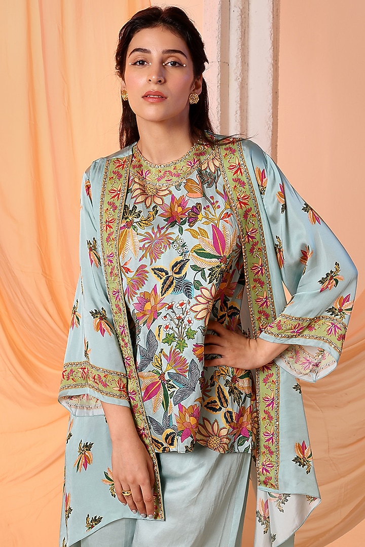 Blue Organza Embroidered Jacket Set by Soup by Sougat Paul at Pernia's Pop Up Shop