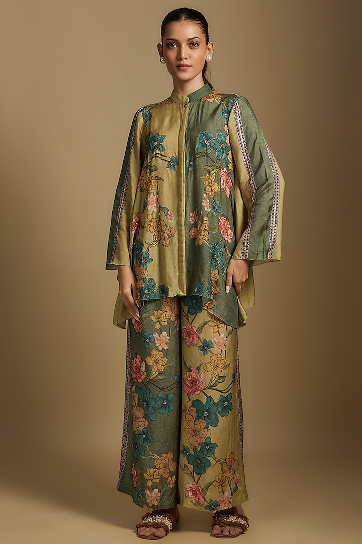 Green Chanderi Printed & Embroidered Co-Ord Set by Soup by Sougat Paul at Pernia's Pop Up Shop