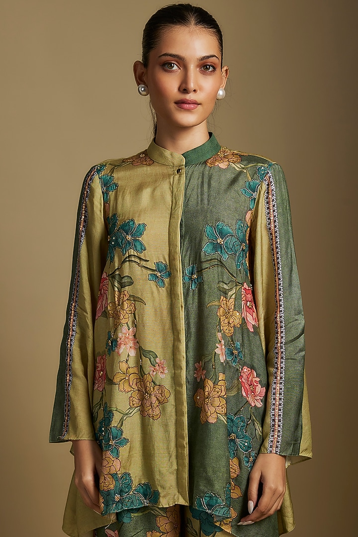 Green Chanderi Printed & Embroidered Co-Ord Set by Soup by Sougat Paul at Pernia's Pop Up Shop