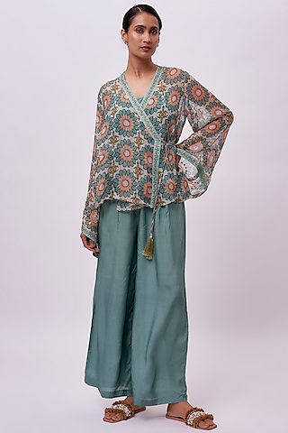 Green Organza Printed Angrakha Kurta Set by Soup by Sougat Paul