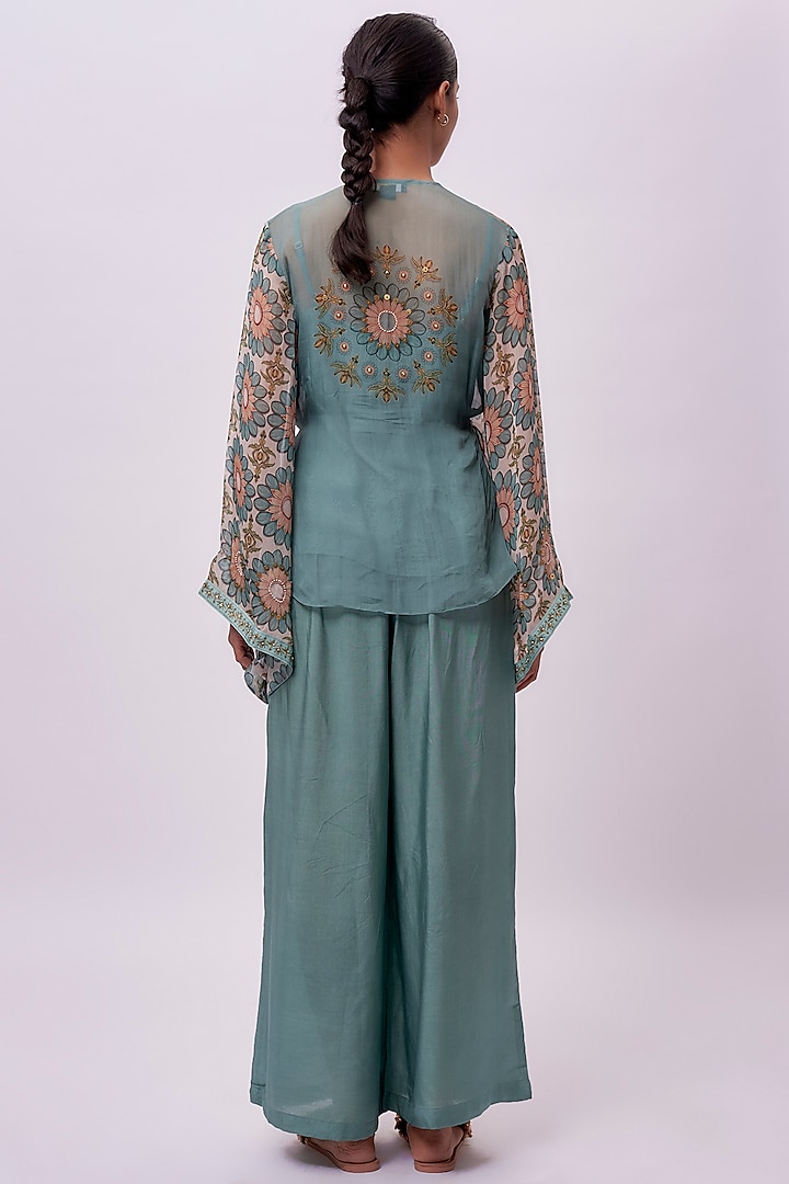 Green Organza Printed Angrakha Kurta Set by Soup by Sougat Paul at Pernia's Pop Up Shop