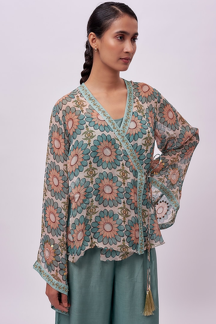 Green Organza Printed Angrakha Kurta Set by Soup by Sougat Paul at Pernia's Pop Up Shop