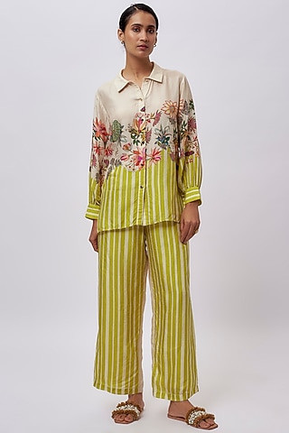 Beige Silk Printed & Embellished Co-Ord Set by Soup by Sougat Paul