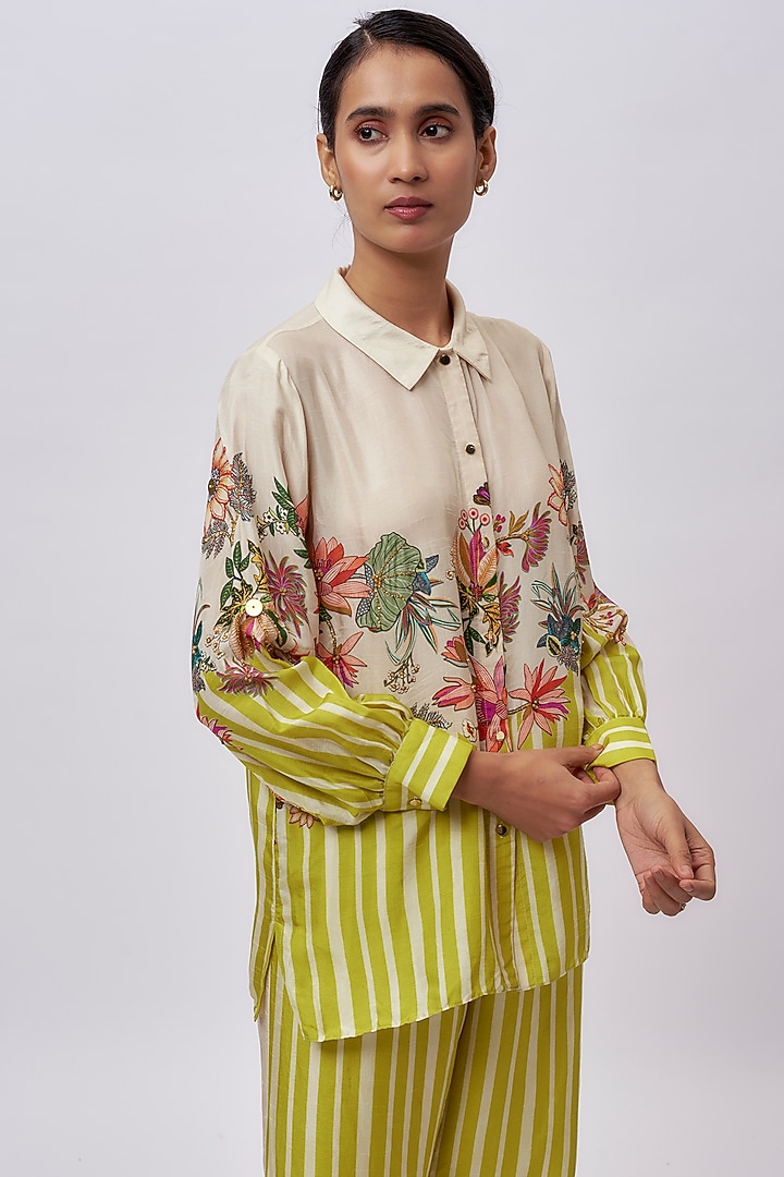 Beige Silk Printed & Embellished Co-Ord Set by Soup by Sougat Paul at Pernia's Pop Up Shop