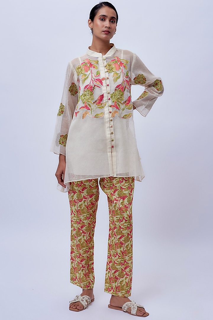 Beige Handloom Cotton Printed & Embellished Kurta Set by Soup by Sougat Paul at Pernia's Pop Up Shop