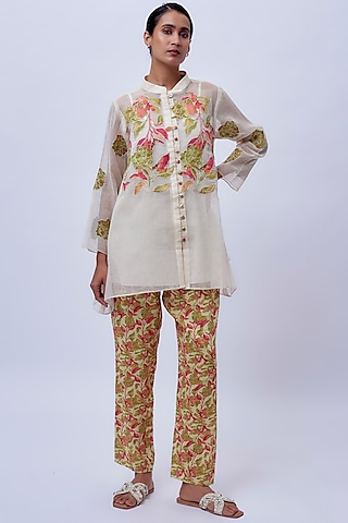 Beige Handloom Cotton Printed & Embellished Kurta Set by Soup by Sougat Paul