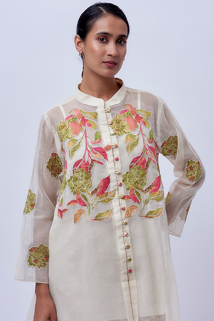 Beige Handloom Cotton Printed & Embellished Kurta Set by Soup by Sougat Paul at Pernia's Pop Up Shop