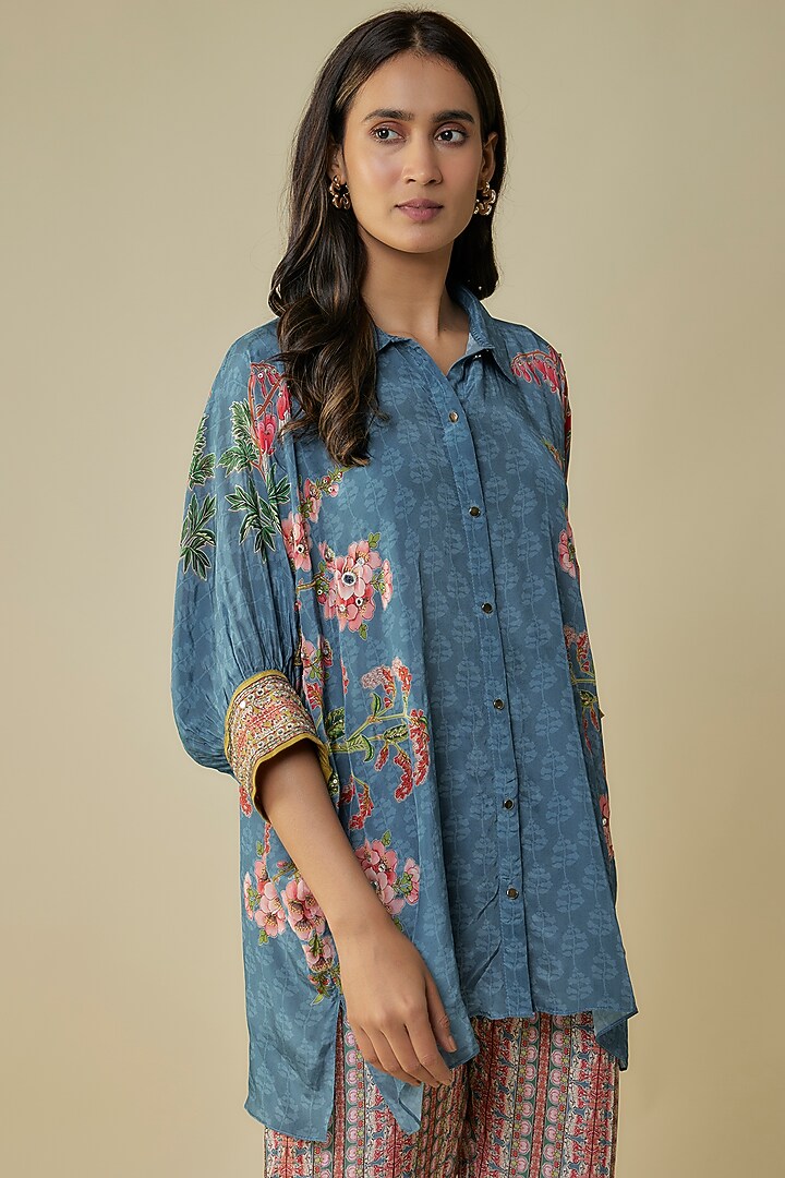 Blue Crepe Printed Co-Ord Set by Soup by Sougat Paul at Pernia's Pop Up Shop