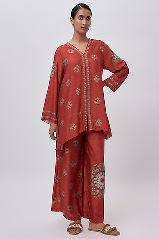 Red Silk Printed & Embellished Kurta Set by Soup by Sougat Paul