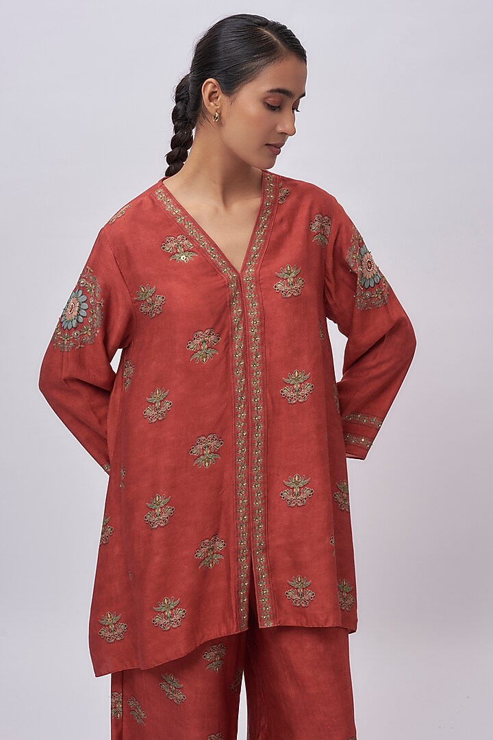 Red Silk Printed & Embellished Kurta Set by Soup by Sougat Paul at Pernia's Pop Up Shop