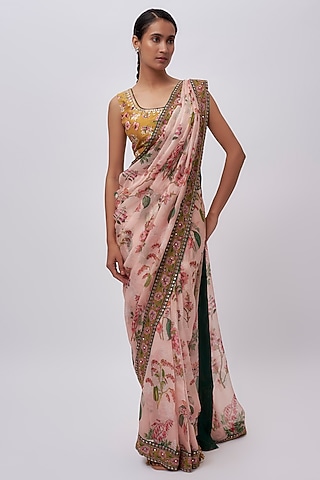 Pink Organza Printed & Embroidered Pre-Stitched Saree Set by Soup by Sougat Paul