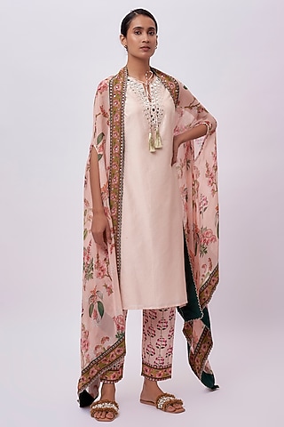 Pink Chanderi Sequins Embroidered Kurta Set by Soup by Sougat Paul