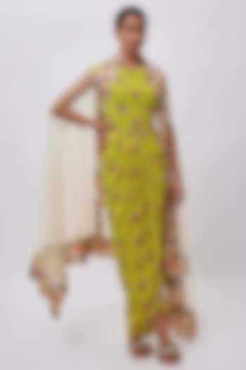 Yellow Crepe Digital Printed Draped Maxi Dress With Cape by Soup by Sougat Paul at Pernia's Pop Up Shop