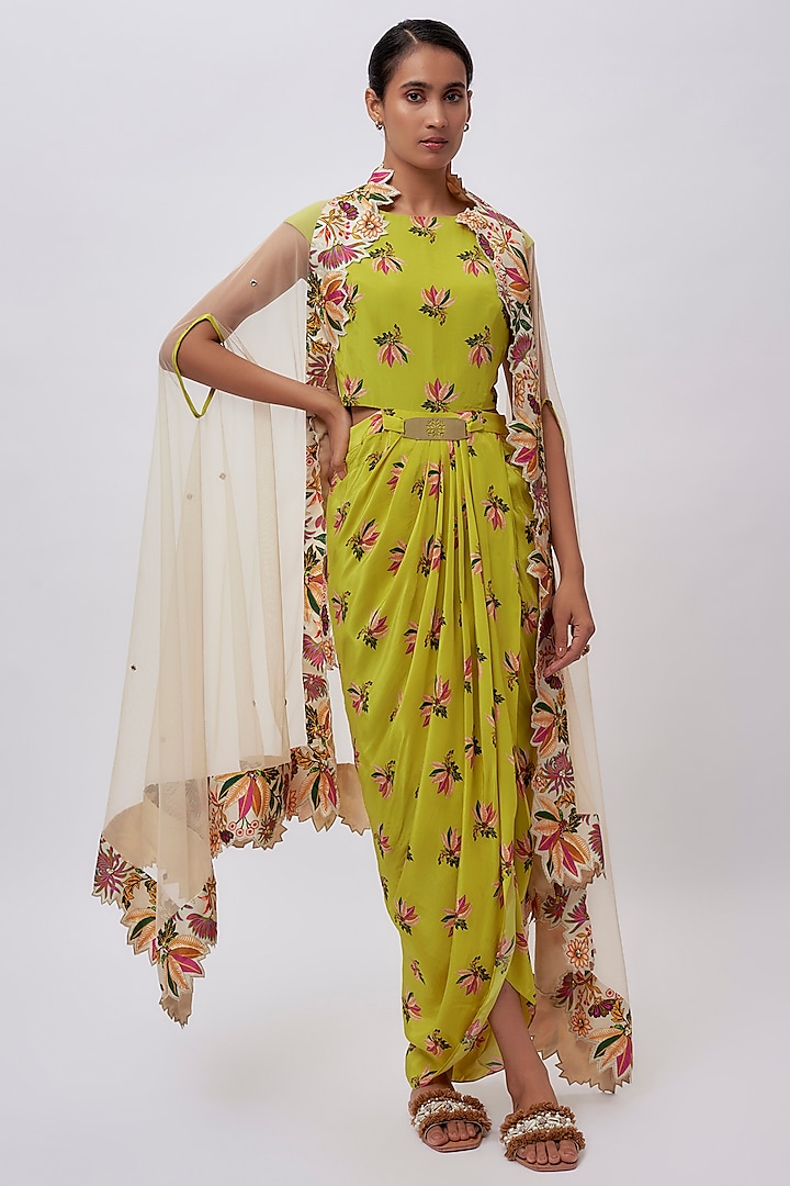 Yellow Crepe Digital Printed Draped Maxi Dress With Cape by Soup by Sougat Paul at Pernia's Pop Up Shop