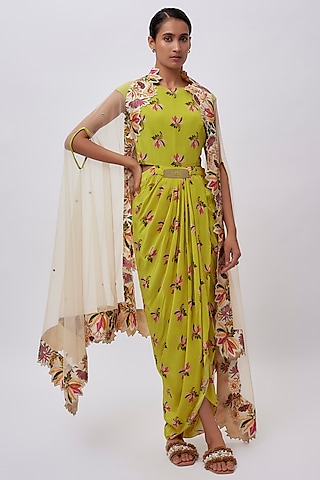 Yellow Crepe Digital Printed Draped Maxi Dress With Cape by Soup by Sougat Paul