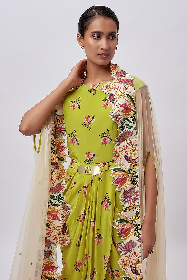 Yellow Crepe Digital Printed Draped Maxi Vacation Dress With Cape by Soup by Sougat Paul at Pernia's Pop Up Shop