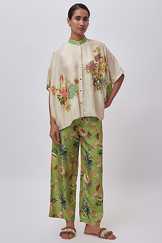 Beige Cotton Silk Printed & Embellished Co-Ord Set by Soup by Sougat Paul
