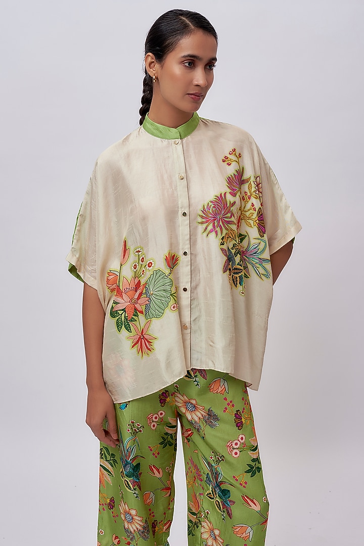 Beige Cotton Silk Printed & Embellished Co-Ord Set by Soup by Sougat Paul at Pernia's Pop Up Shop