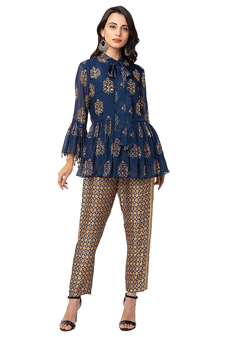 Navy Blue Printed Top With Pants by Soup By Sougat Paul