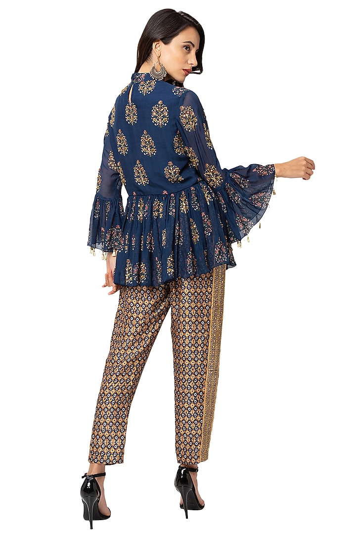 Navy Blue Printed Top With Pants by Soup By Sougat Paul at Pernia's Pop Up Shop