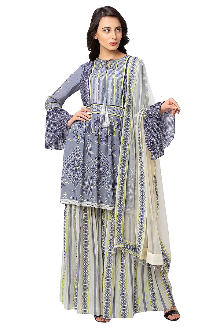 Powder Blue & White Muslin Slub Printed Gharara Set by Soup By Sougat Paul at Pernia's Pop Up Shop