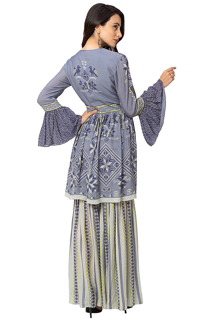 Powder Blue & White Muslin Slub Printed Gharara Set by Soup By Sougat Paul at Pernia's Pop Up Shop