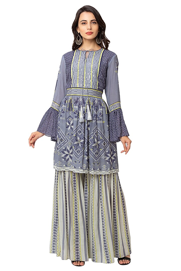 Powder Blue & White Muslin Slub Printed Gharara Set by Soup By Sougat Paul at Pernia's Pop Up Shop