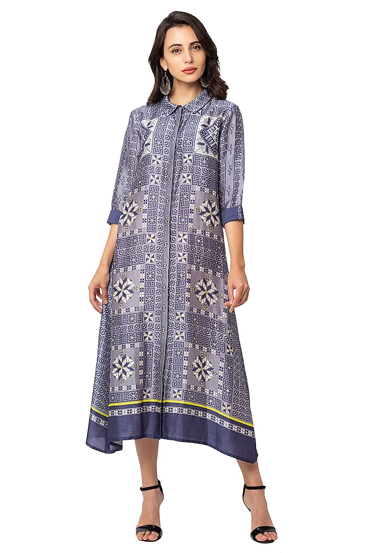 Powder Blue Printed Silk Summer Dress by Soup By Sougat Paul at Pernia's Pop Up Shop