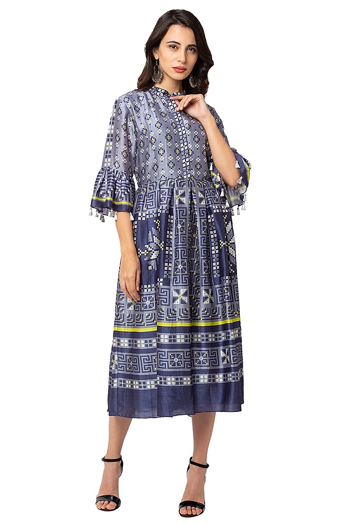 Powder Blue Printed Silk Summer Dress by Soup By Sougat Paul at Pernia's Pop Up Shop