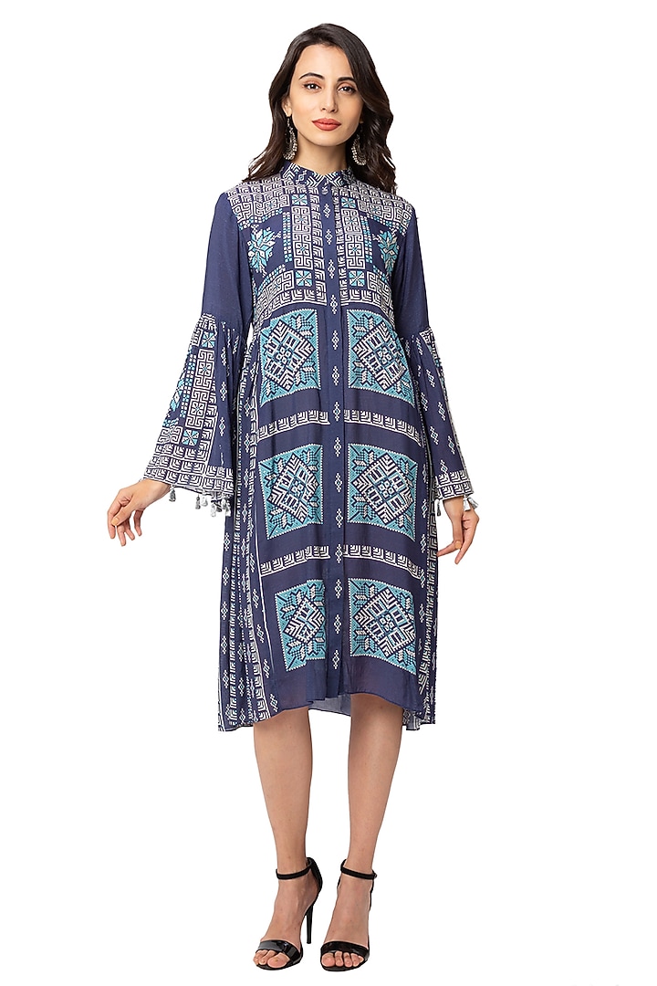 Powder Blue Printed Summer Dress by Soup By Sougat Paul at Pernia's Pop Up Shop