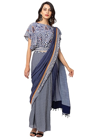 Powder Blue Muslin Slub Printed Saree Set by Soup By Sougat Paul