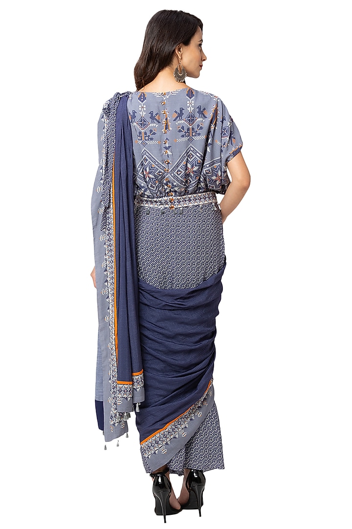 Powder Blue Muslin Slub Printed Party Wear Saree Set by Soup By Sougat Paul at Pernia's Pop Up Shop