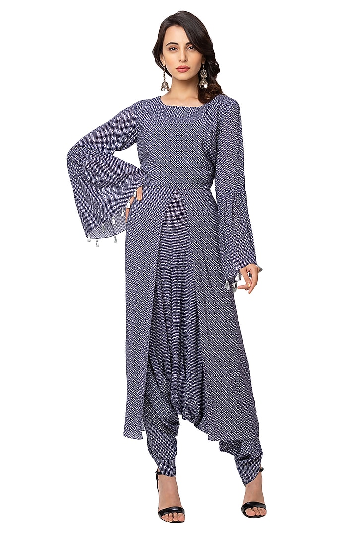 Powder Blue Printed Jumpsuit With Jacket by Soup By Sougat Paul at Pernia's Pop Up Shop