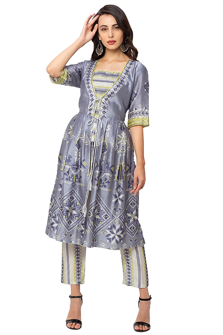 Powder Blue Printed Jacket Set by Soup By Sougat Paul at Pernia's Pop Up Shop