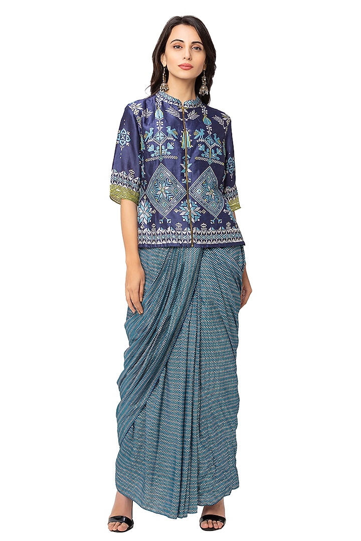 Navy Blue Jacket With Skirt by Soup By Sougat Paul at Pernia's Pop Up Shop