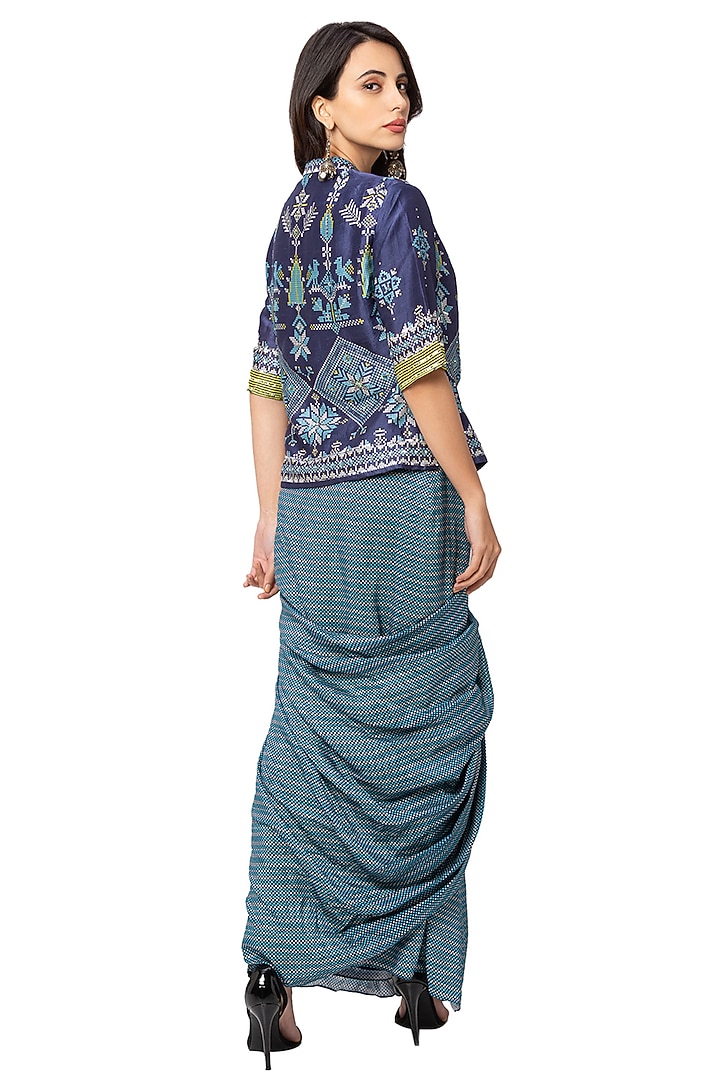 Navy Blue Jacket With Skirt by Soup By Sougat Paul at Pernia's Pop Up Shop