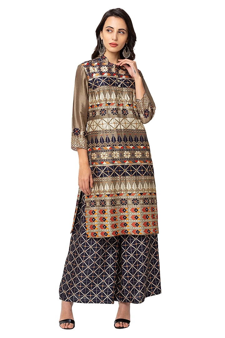Blue & Beige Printed Kurta With Pants by Soup By Sougat Paul at Pernia's Pop Up Shop