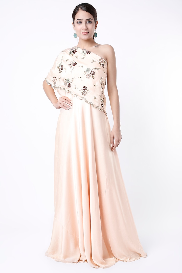 Blush Pink Embroidered One-Shoulder A-Line Dress by Soup by Sougat Paul